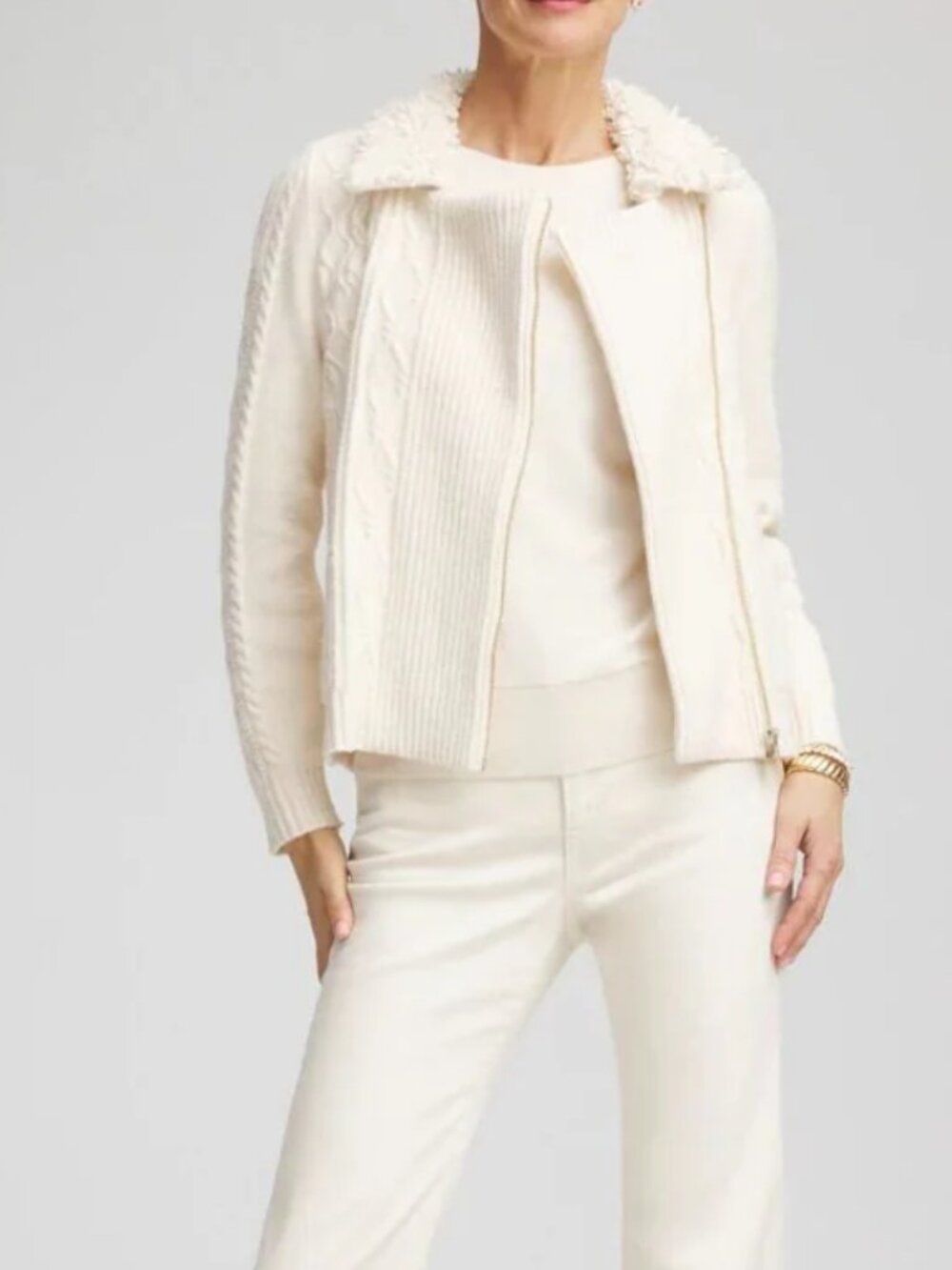 nwt ULTRA SOFT CHICO'S cableknit fur collar moto sweater jacket 1 m